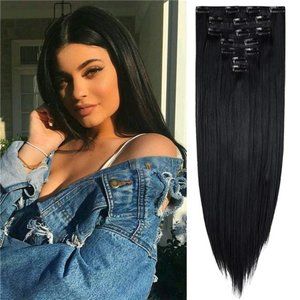 24 Inch dark black 01 Full Head Clip Hair Extensions 7Pcs straight